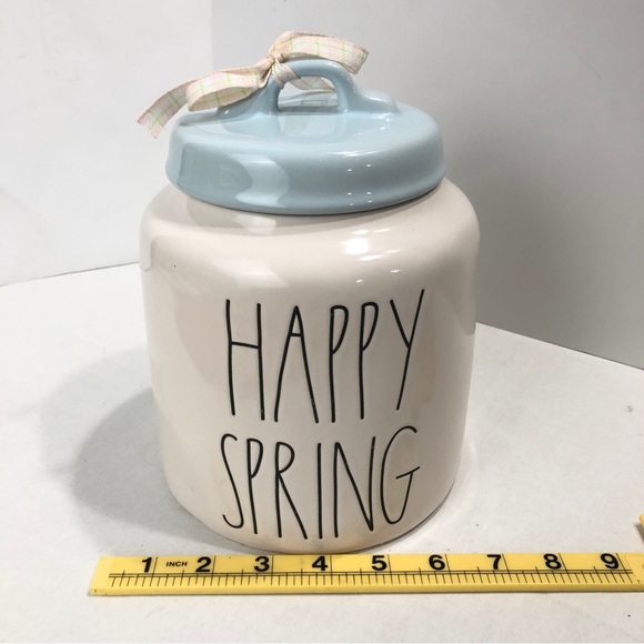 Rae Dunn Jar Happy Spring Large Canister Ceramic White Blue Topper Farmhouse - Picture 8 of 9
